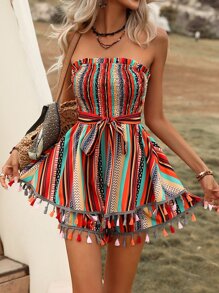 Breezaya 幾何印花流蘇邊腰帶抹胸連體短褲 - 彩色 - 查看 4