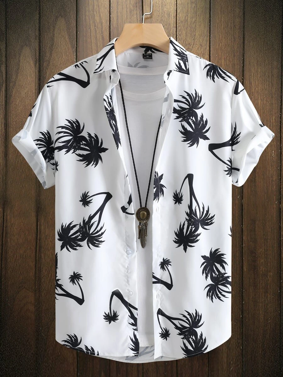 Manfinity RSRT 男士短袖紐扣短襯衫，熱帶風情海灘印花，不帶T恤，丈夫圖案襯衫 - 白色 - 查看 1