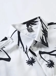 Manfinity RSRT 男士短袖紐扣短襯衫，熱帶風情海灘印花，不帶T恤，丈夫圖案襯衫 - 白色 - 查看 3