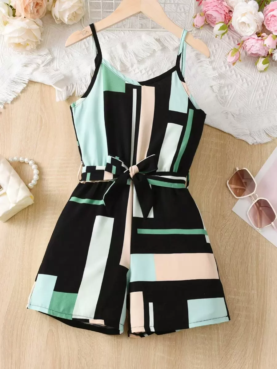 SHEIN Explorewe Girls Colourblock Belted Cami Romper - Multicolor - View 1