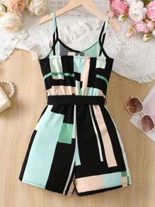SHEIN Explorewe Girls Colourblock Belted Cami Romper - Multicolor - View 2