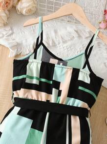 SHEIN Explorewe Girls Colourblock Belted Cami Romper - Multicolor - View 3