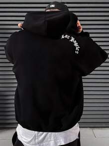Manfinity Men Letter Graphic Drawstring Hooded Sweatshirt - Black - View 1