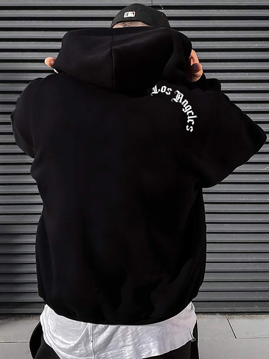 Manfinity Men Letter Graphic Drawstring Hooded Sweatshirt - Black - View 1