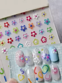 1張花卉紋理美甲貼紙，Y2K風格美甲貼紙，DIY美甲 - 彩色 - 查看 1