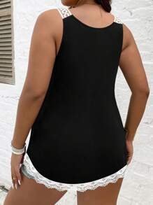 SHEIN LUNE Áo ba lỗ ren tương phản Plus Áo thun họa tiết dành cho nữ - màu đen - Xem 2