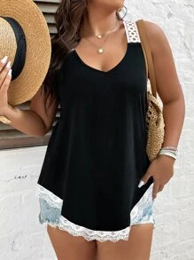 SHEIN LUNE Áo ba lỗ ren tương phản Plus Áo thun họa tiết dành cho nữ - màu đen - Xem 3