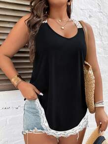 SHEIN LUNE Áo ba lỗ ren tương phản Plus Áo thun họa tiết dành cho nữ - màu đen - Xem 4