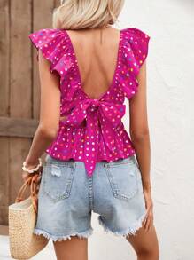 SHEIN VCAY 波卡圓點後背繫帶荷葉邊荷葉邊下擺襯衫 - 中紫紅色 - 查看 2