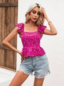 SHEIN VCAY 波卡圓點後背繫帶荷葉邊荷葉邊下擺襯衫 - 中紫紅色 - 查看 3