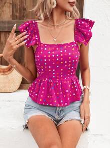 SHEIN VCAY 波卡圓點後背繫帶荷葉邊荷葉邊下擺襯衫 - 中紫紅色 - 查看 4