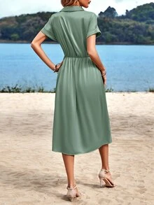 SHEIN Clasi Solid Button Detail Batwing Sleeve Dress - Mint Green - View 2