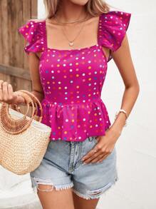 SHEIN VCAY 波卡圓點後背繫帶荷葉邊荷葉邊下擺襯衫 - 中紫紅色 - 查看 6