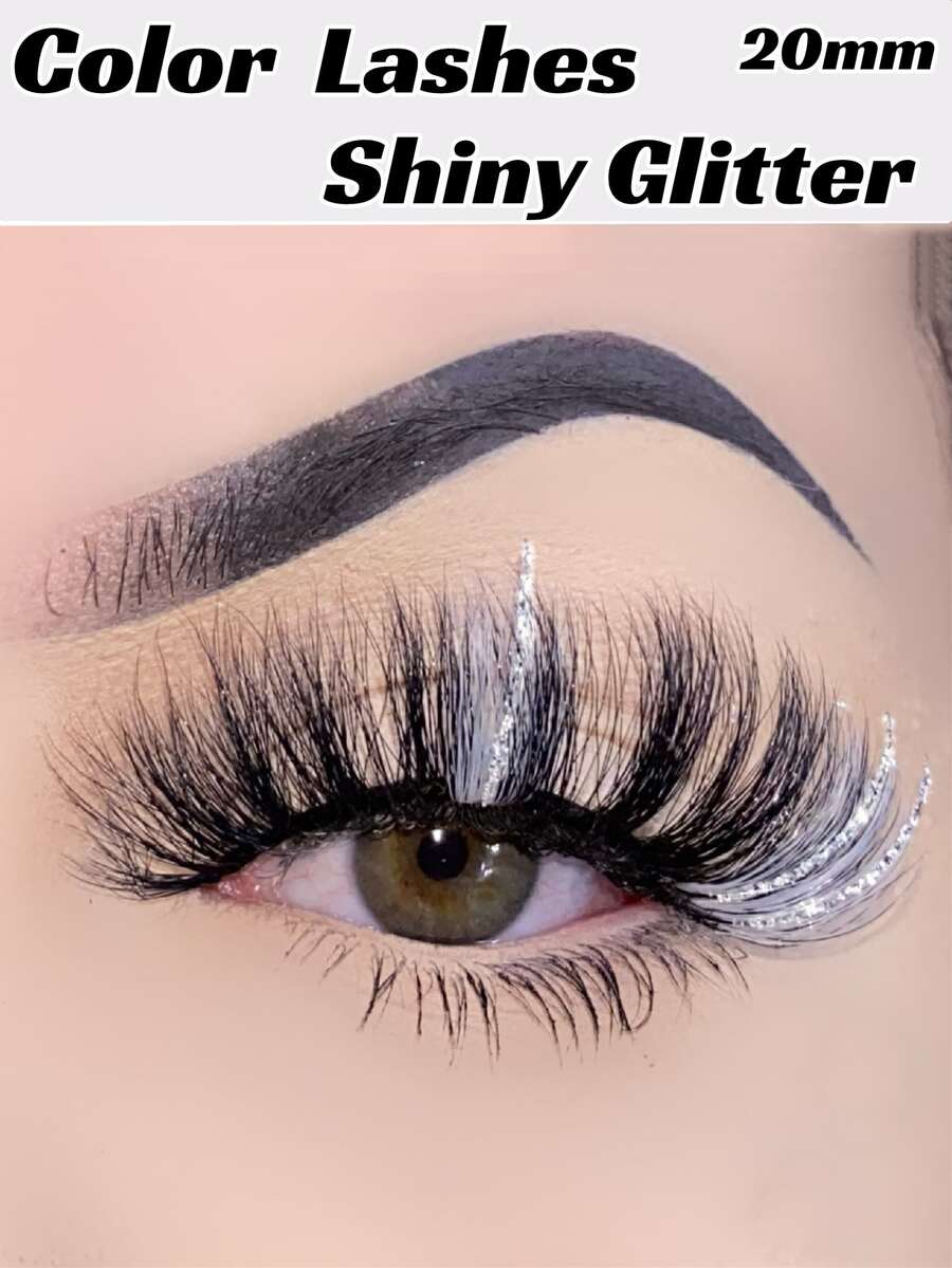 1pair Shinny Glitter Volumized False Eyelashes - Multicolor - View 1