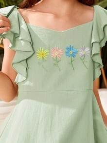 SHEIN Chicas Vestido con bordado floral ribete con fruncido - verde menta - Ver 5