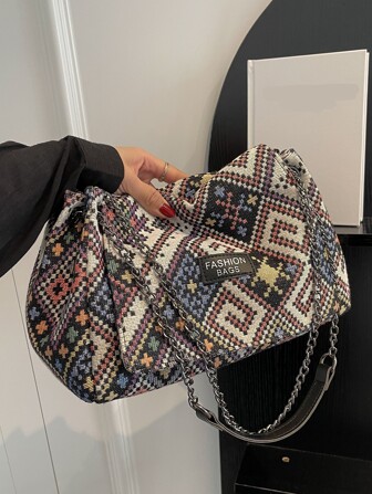 2025 新款通勤风格手提包，大容量手提包，时尚帆布包带链条肩带，女士单肩包和手提包