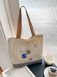 Two Tone Shopper Bag With Badges - Multicolor - View 7