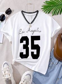 Girls' Casual Los Angeles Numeral Print V-Neck Short Sleeve T-Shirt, Versatile Daily Wear - White - View 1