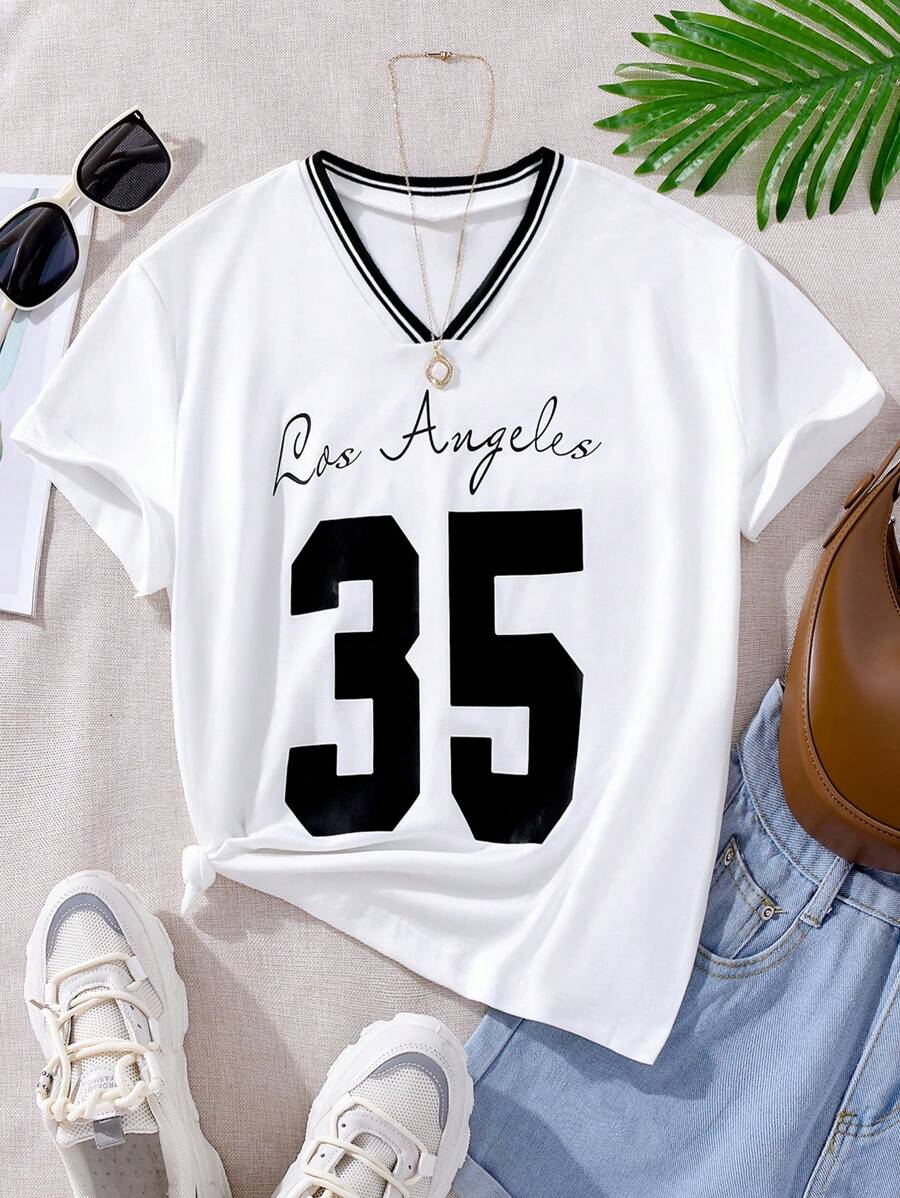 Girls' Casual Los Angeles Numeral Print V-Neck Short Sleeve T-Shirt, Versatile Daily Wear - White - View 1