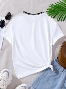 Girls' Casual Los Angeles Numeral Print V-Neck Short Sleeve T-Shirt, Versatile Daily Wear - White - View 2