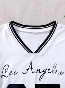 Girls' Casual Los Angeles Numeral Print V-Neck Short Sleeve T-Shirt, Versatile Daily Wear - White - View 3