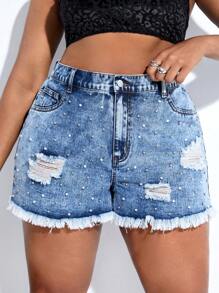 SHEIN SXY 大碼珍珠串珠毛邊牛仔短褲 - 淺色水洗藍 - 查看 4
