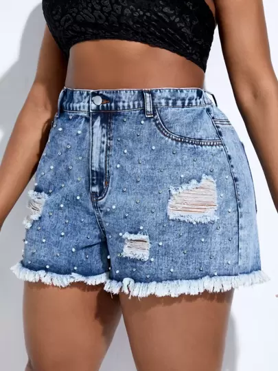 SHEIN SXY 大碼珍珠串珠毛邊牛仔短褲