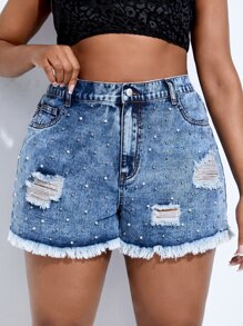 SHEIN SXY 大碼珍珠串珠毛邊牛仔短褲 - 淺色水洗藍 - 查看 5