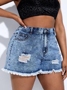 SHEIN SXY 大碼珍珠串珠毛邊牛仔短褲 - 淺色水洗藍 - 查看 3