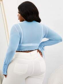 Slaydiva 大碼前繫帶木耳邊不對稱下擺網紗上衣不附文胸 - 淺藍色 - 查看 2