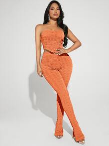SHEIN SXY Solid Bandana Tube Top & Split Hem Leggings - Coral Orange - View 1