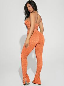 SHEIN SXY Solid Bandana Tube Top & Split Hem Leggings - Coral Orange - View 2