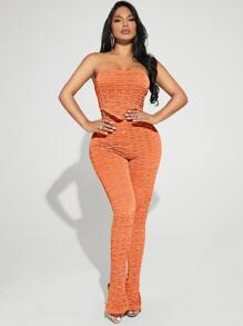 SHEIN SXY Solid Bandana Tube Top & Split Hem Leggings - Coral Orange - View 4