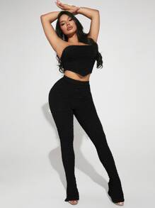 SHEIN SXY Bộ đồ hai mảnh nữ Bất đối xứng Chia Textured màu trơn Giải trí - màu đen - Xem 3