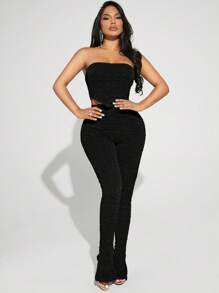 SHEIN SXY Bộ đồ hai mảnh nữ Bất đối xứng Chia Textured màu trơn Giải trí - màu đen - Xem 4