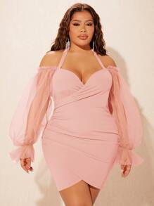 SHEIN SXY 大碼網紗拼接荷葉袖褶邊圍裹下擺緊身連衣裙 - 淺粉色 - 查看 1