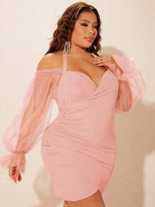 SHEIN SXY 大碼網紗拼接荷葉袖褶邊圍裹下擺緊身連衣裙 - 淺粉色 - 查看 3