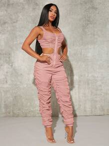SHEIN SXY 镂空腰部褶皱侧背心女式连身裤 - 藕粉色 - 查看 1