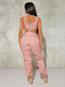 SHEIN SXY 镂空腰部褶皱侧背心女式连身裤 - 藕粉色 - 查看 2