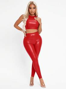 SHEIN SXY 小高領PU皮革背心上衣和緊身打底褲 - 紅色 - 查看 1