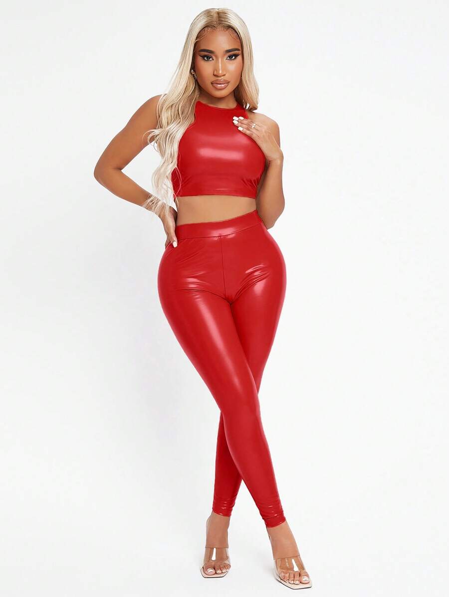 SHEIN SXY 小高領PU皮革背心上衣和緊身打底褲 - 紅色 - 查看 1