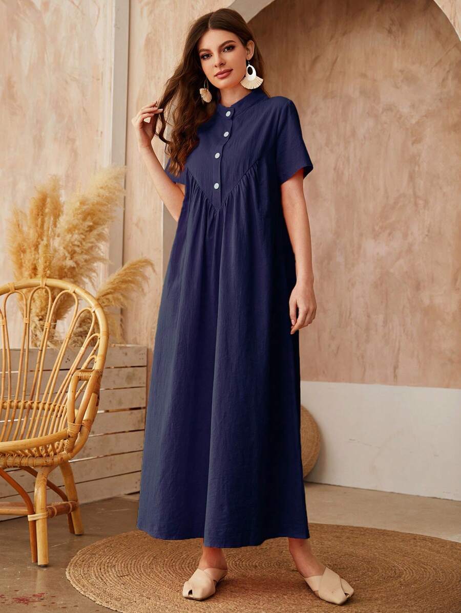 Al Najma Solid Button Front Smock Dress - Blue - View 1