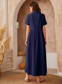 Al Najma Solid Button Front Smock Dress - Blue - View 2