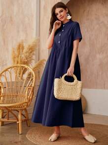 Al Najma Solid Button Front Smock Dress - Blue - View 3