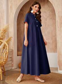 Al Najma Solid Button Front Smock Dress - Blue - View 5