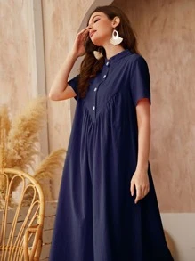 Al Najma Solid Button Front Smock Dress - Blue - View 6