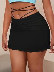 Slaydiva Lace Up Waist Lettuce Trim Skirt - Black - View 4