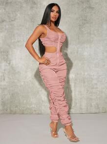 SHEIN SXY 镂空腰部褶皱侧背心女式连身裤 - 藕粉色 - 查看 6