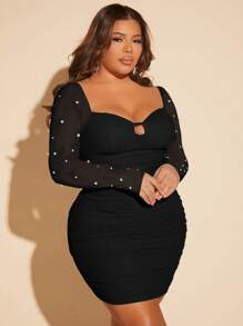 SHEIN SXY Plus Pearls Beaded Cut Out Ruched Mesh Bodycon Dress,Graduation Dress - Black - View 1