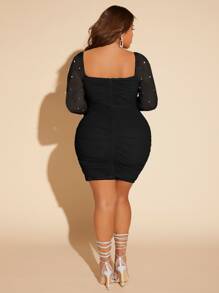 SHEIN SXY Plus Pearls Beaded Cut Out Ruched Mesh Bodycon Dress,Graduation Dress - Black - View 2